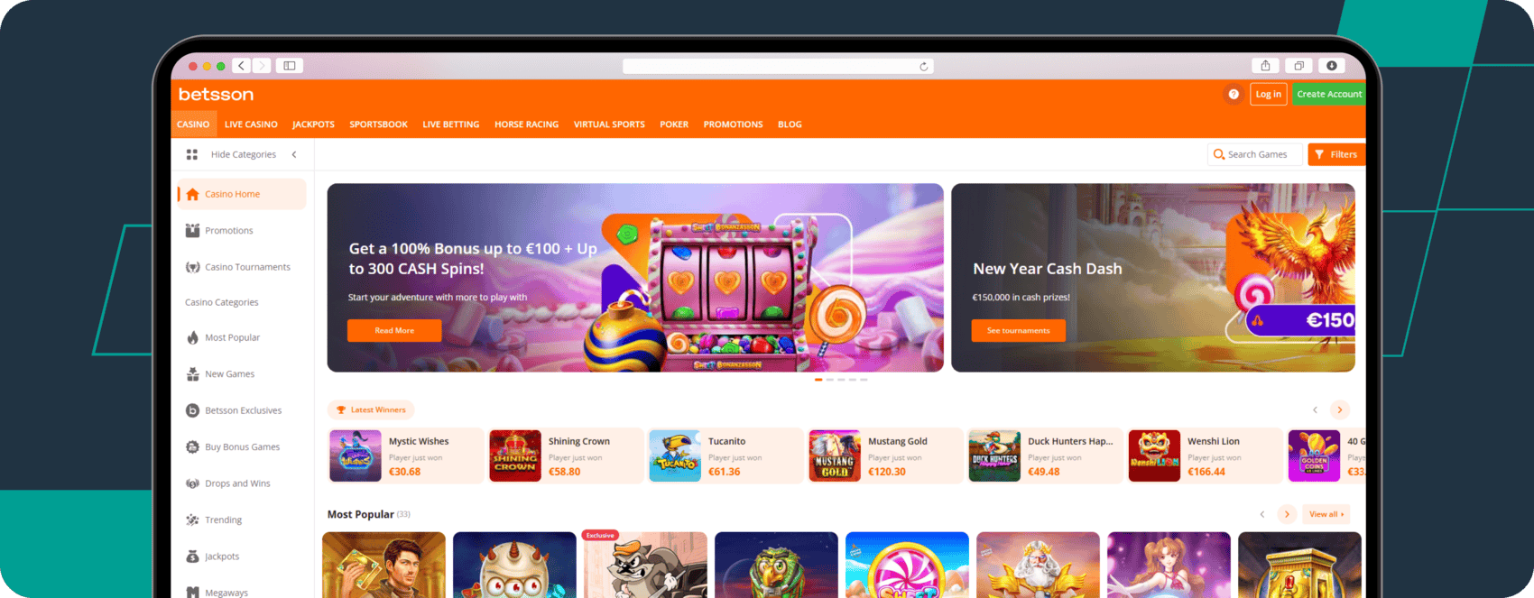 screenshot of betsson casino homepage