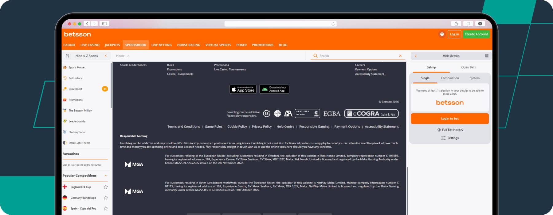 screenshot of betsson website footer