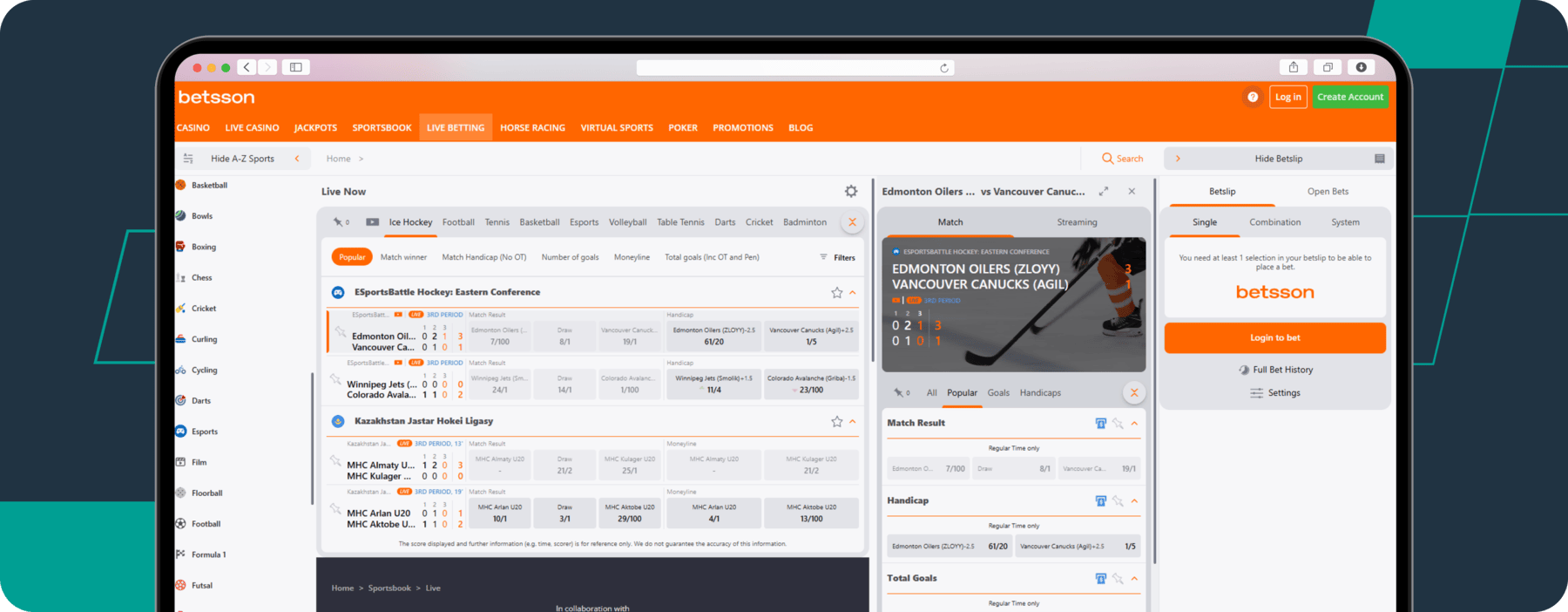 screenshot of betsson live betting page