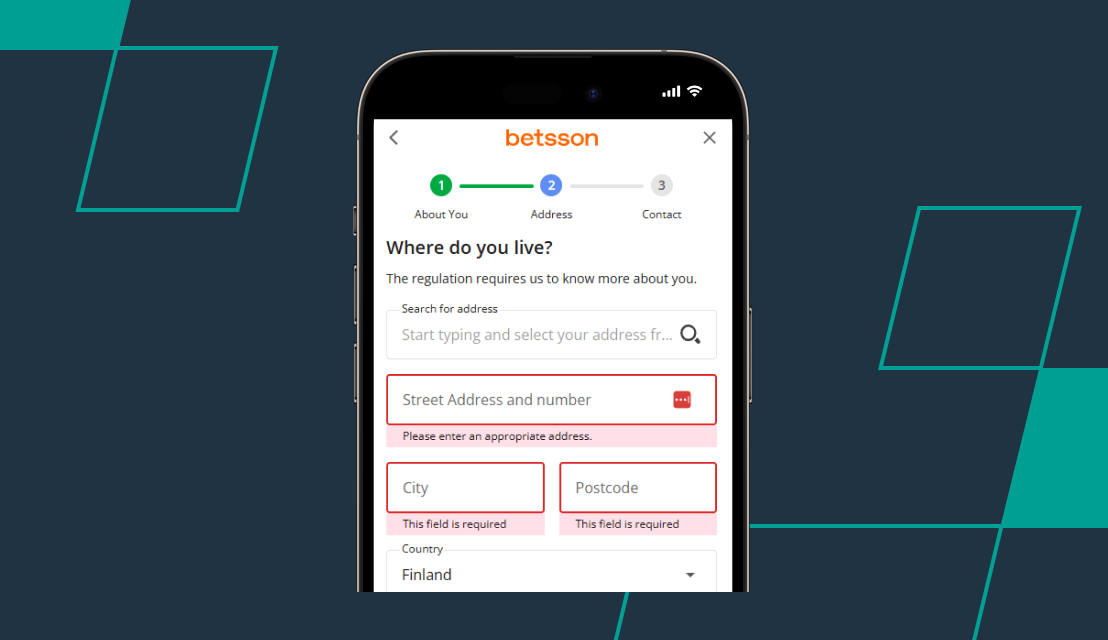 screenshot of betsson registration process step 2