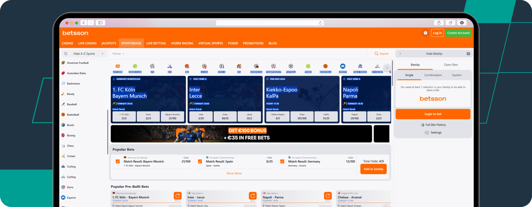 screenshot of betsson sportsbook main page