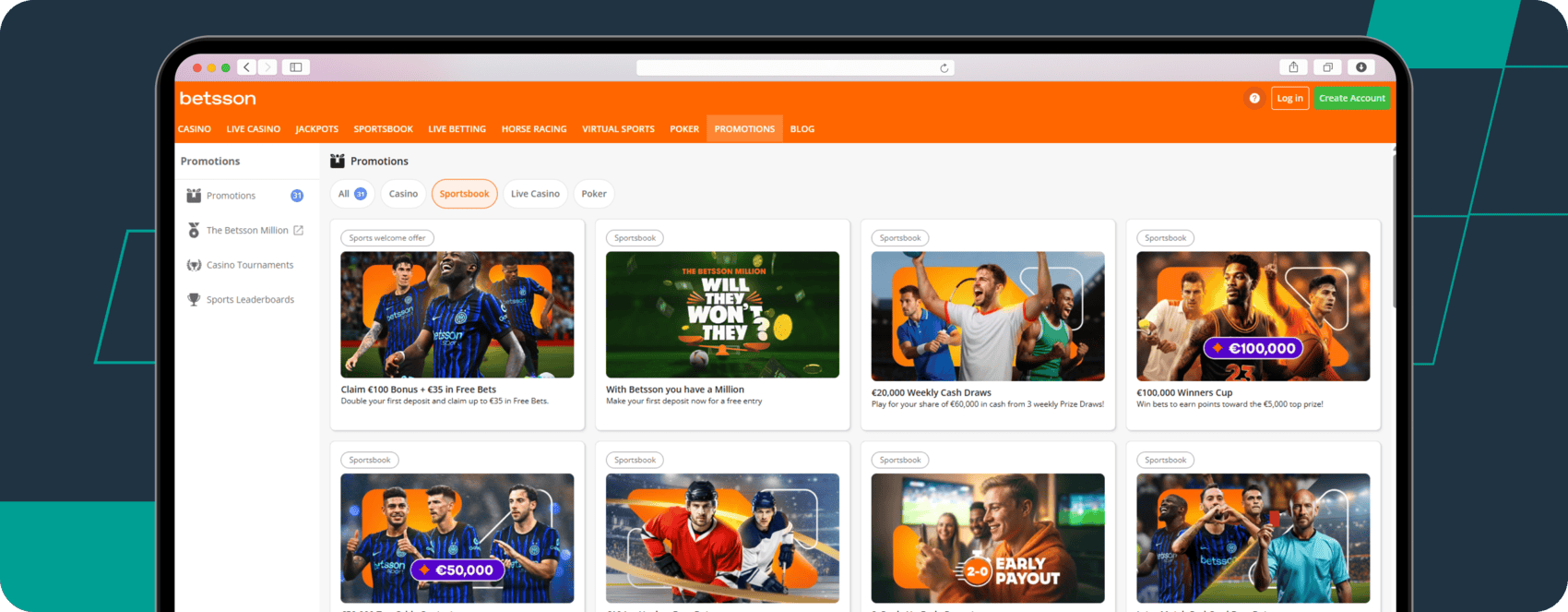 screenshot of betsson sportsbook promotions