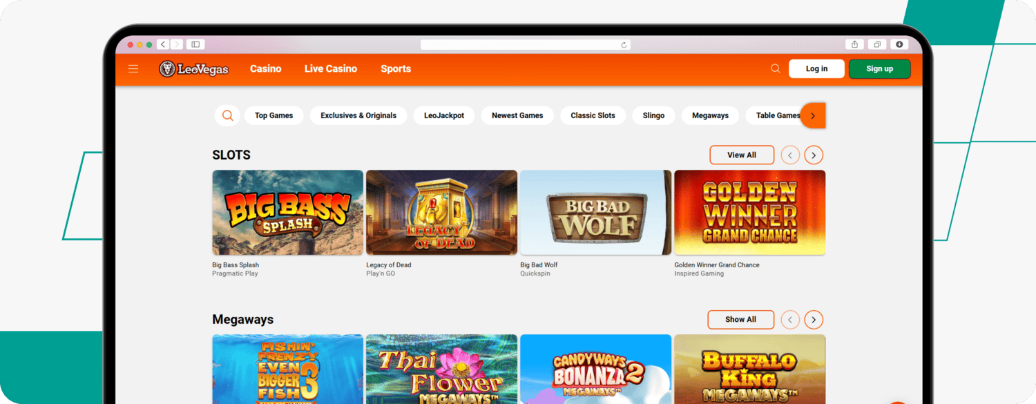 screenshot of leovegas slots page