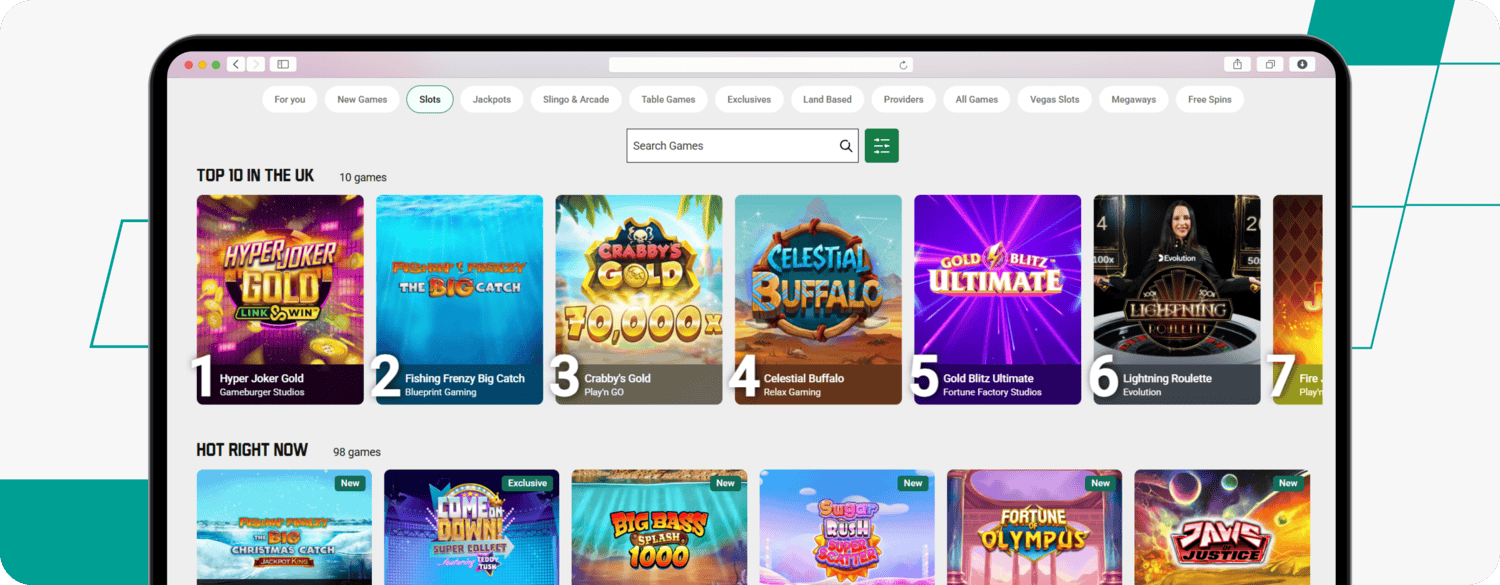 screenshot of unibet slots page