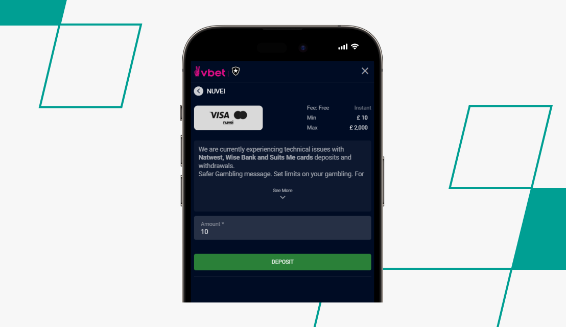 screenshot of vbet deposit page