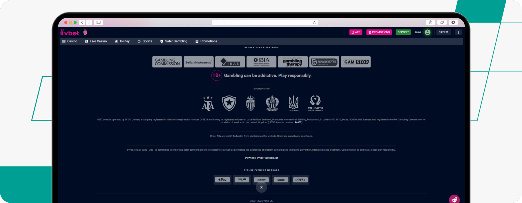 screenshot of vbet website footer