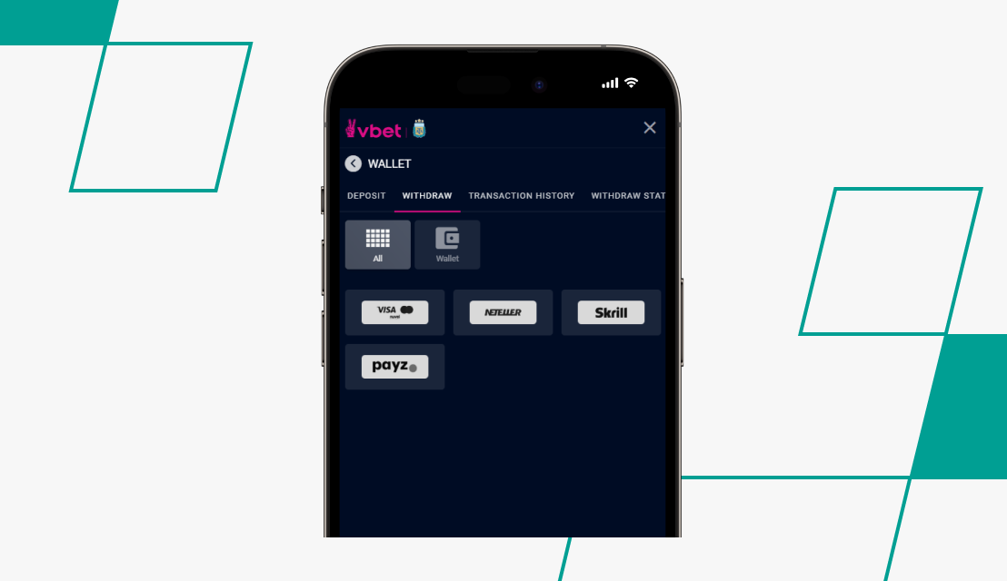 screenshot of vbet withdrawal options
