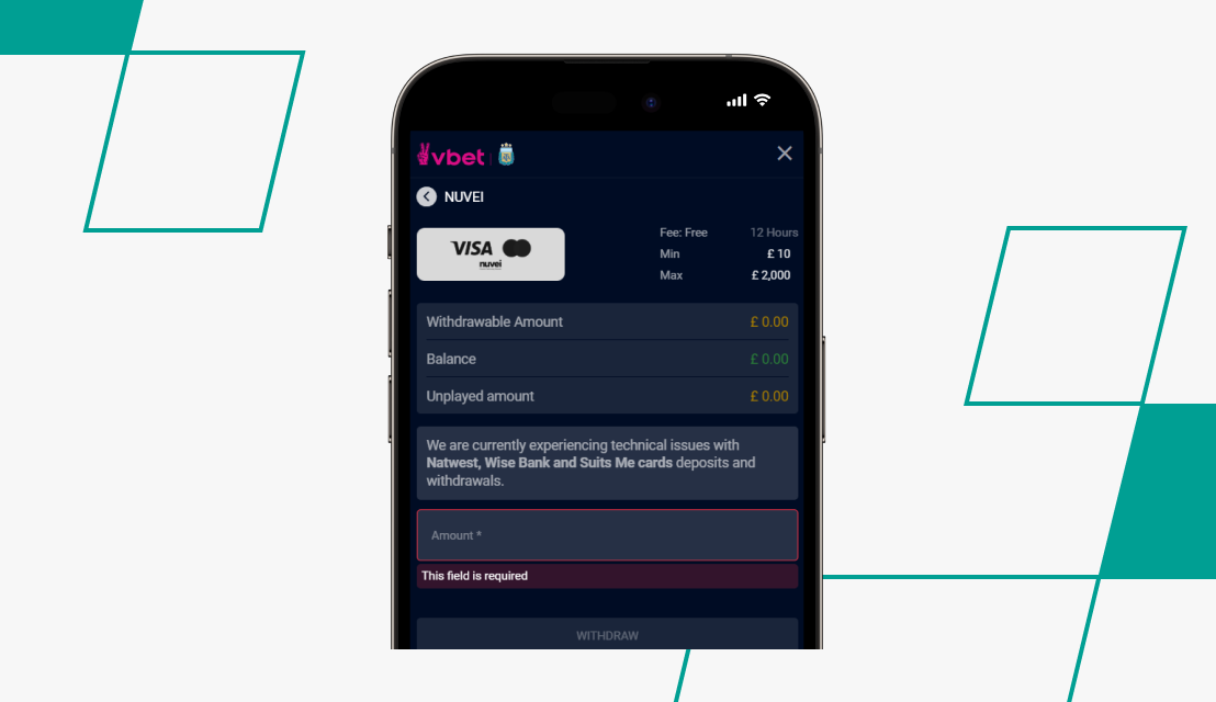 screenshot of vbet withdrawal page