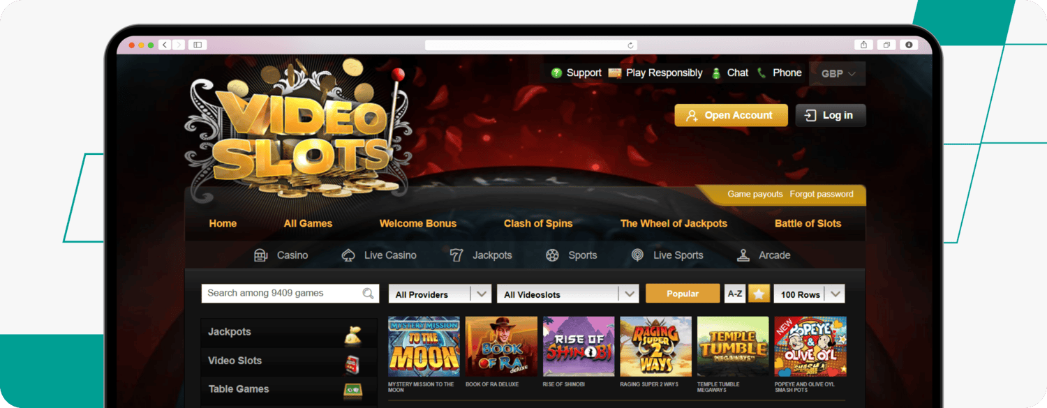 screenshot of videoslots slots page