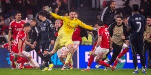 Anatoliy Trubin celebrates scoring a goal for Benfica against Real Madrid in the Champions League