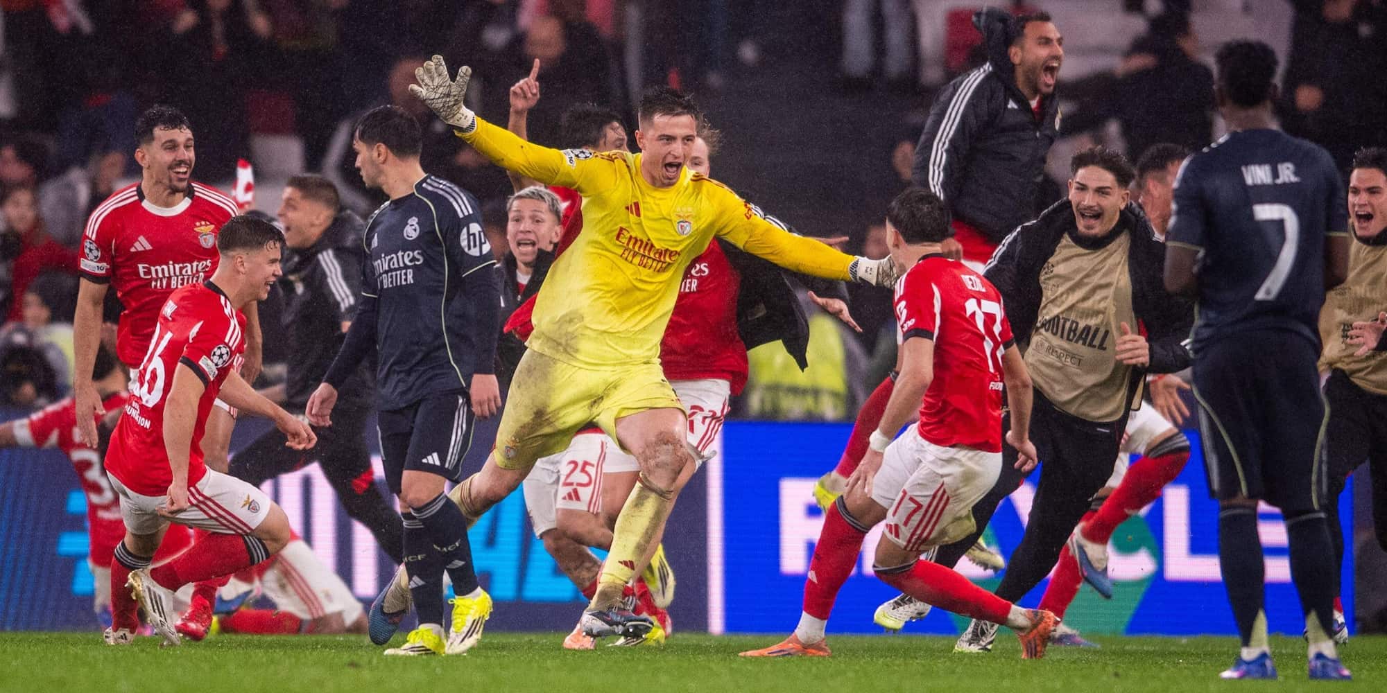 Anatoliy Trubin celebrates scoring a goal for Benfica against Real Madrid in the Champions League