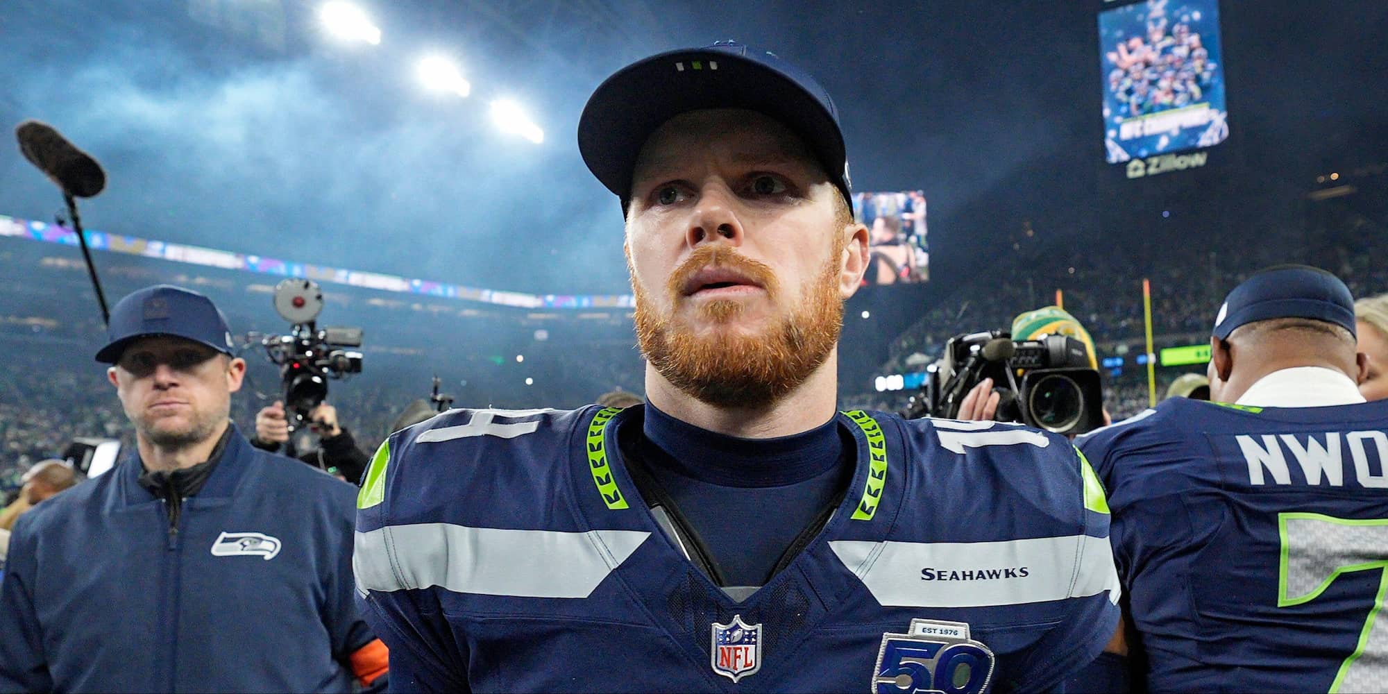 Sam Darnold of the Seattle Seahawks after their playoff win against the LA Rams