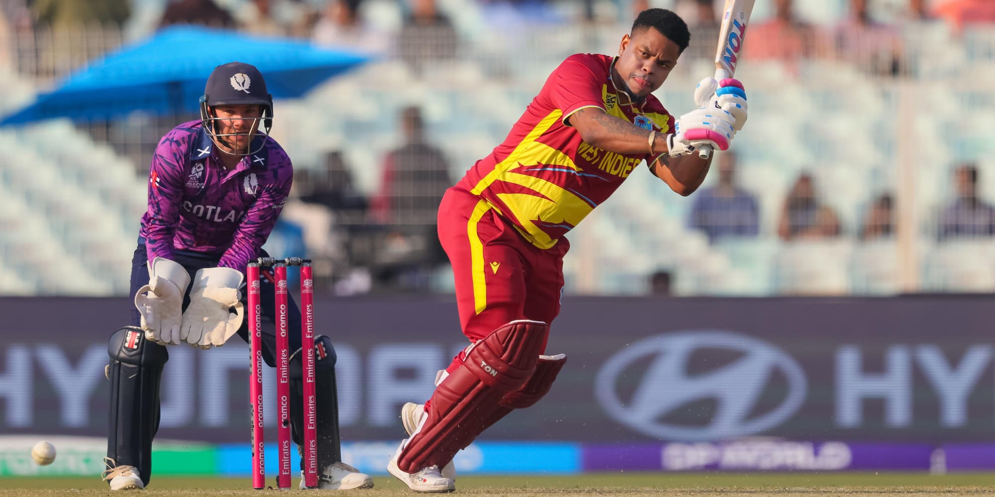 Shimron Hetmyer batting for the West Indies against Scotland in the T20 World Cup