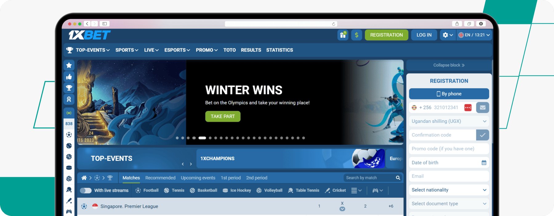screenshot of 1xbet uganda homepage