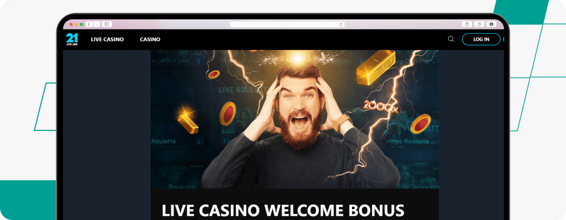 Screenshot live casino welcome offer 21.co.uk mobile