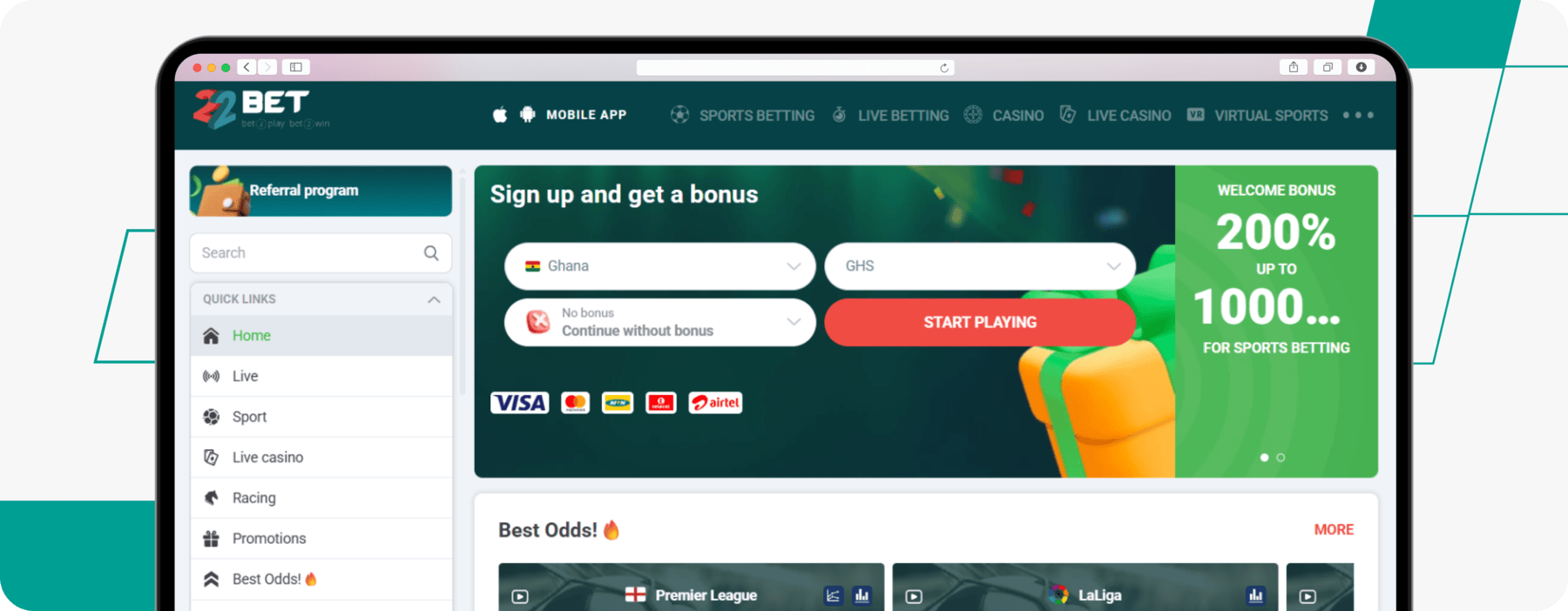 screenshot of 22bet ghana site homepage