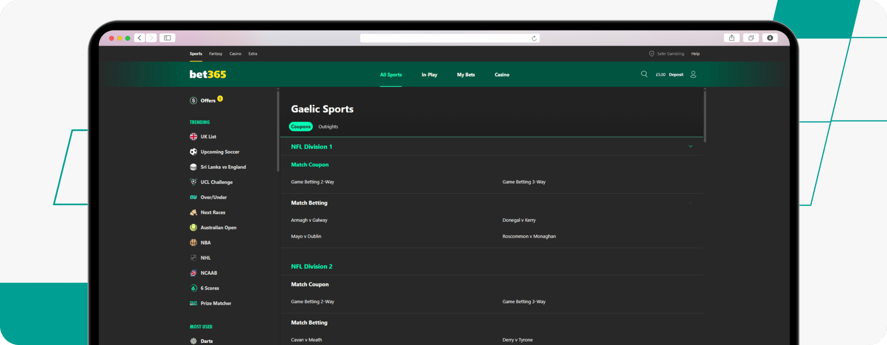 screenshot of bet365 gaa betting page