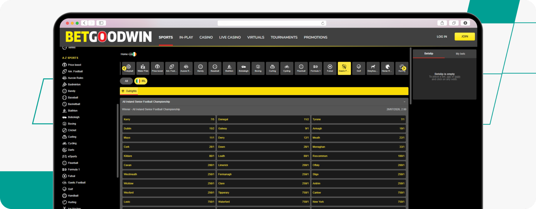 screenshot of betgoodwin gaa betting page