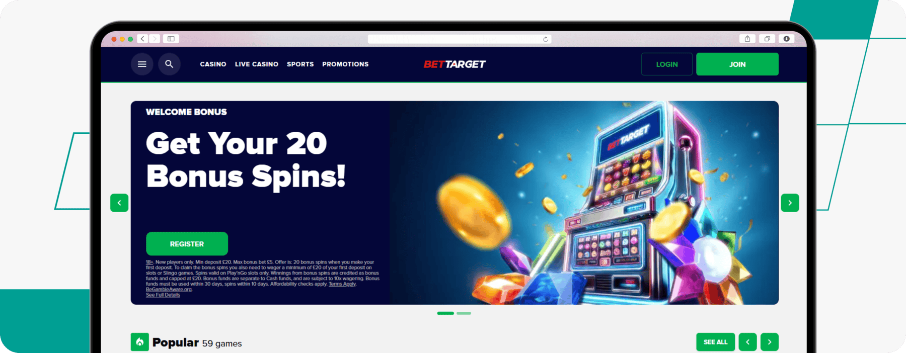 screenshot of bettarget casino welcome offer