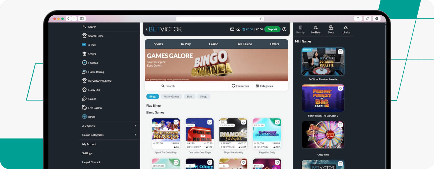 screenshot of betvictor bingo page