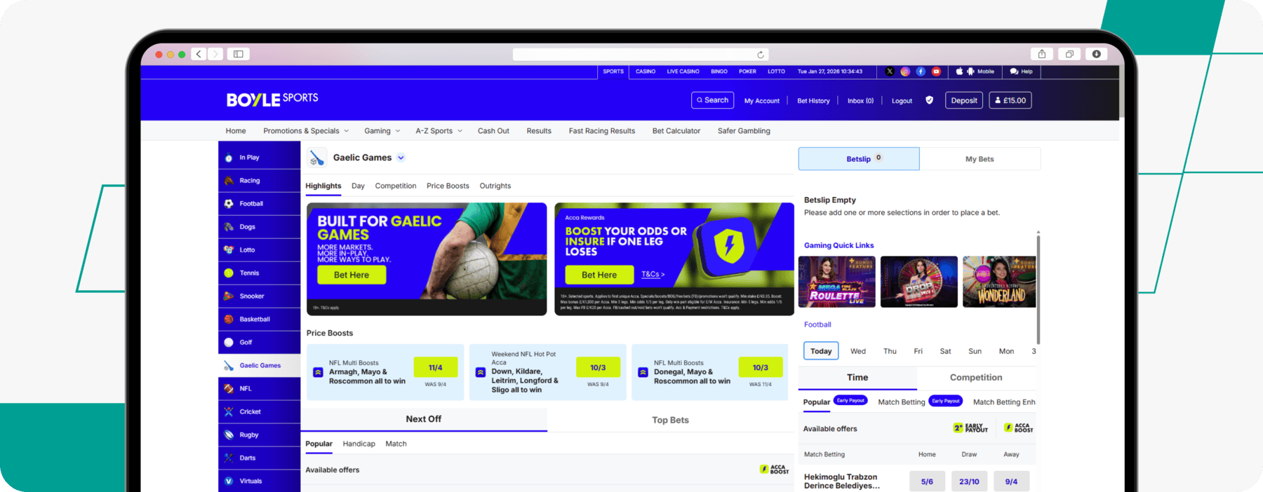 screenshot of boylesports gaa betting page