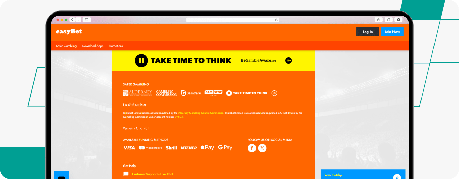 screenshot of easybet website footer