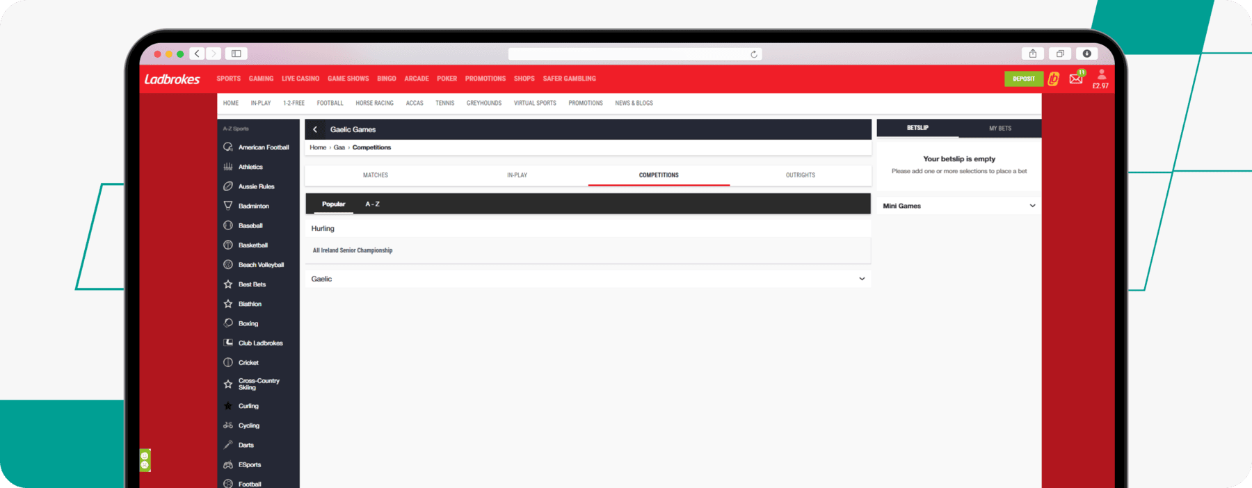 screenshot of ladbrokes gaa betting page