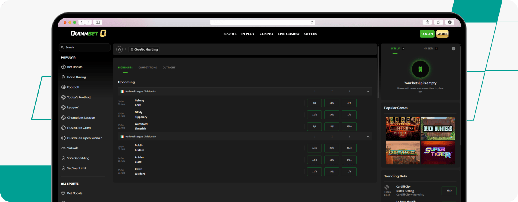 screenshot of quinnbet gaa betting page