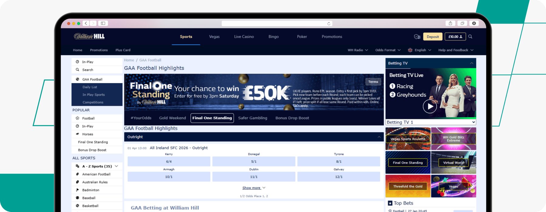screenshot of william hill gaa betting page