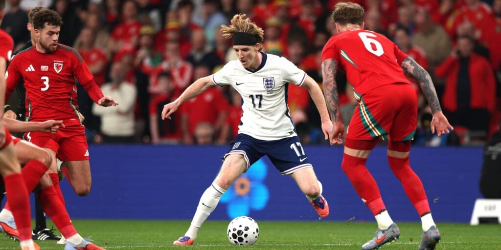 Anthony Gordon playing for England at Wembley
