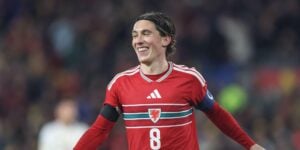 Harry Wilson celebrating scoring a goal for Wales