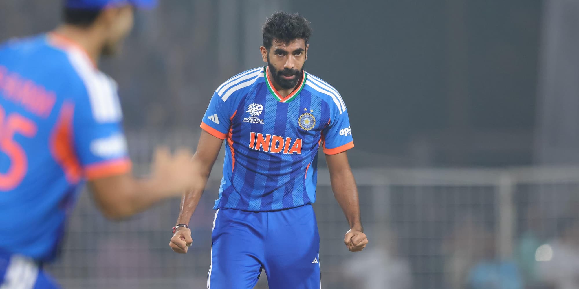 Jasprit Bumrah celebrating taking a wicket for India