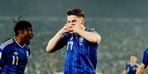 Viktor Gyokeres with his trademark celebration - Anthony Elanga also is with him