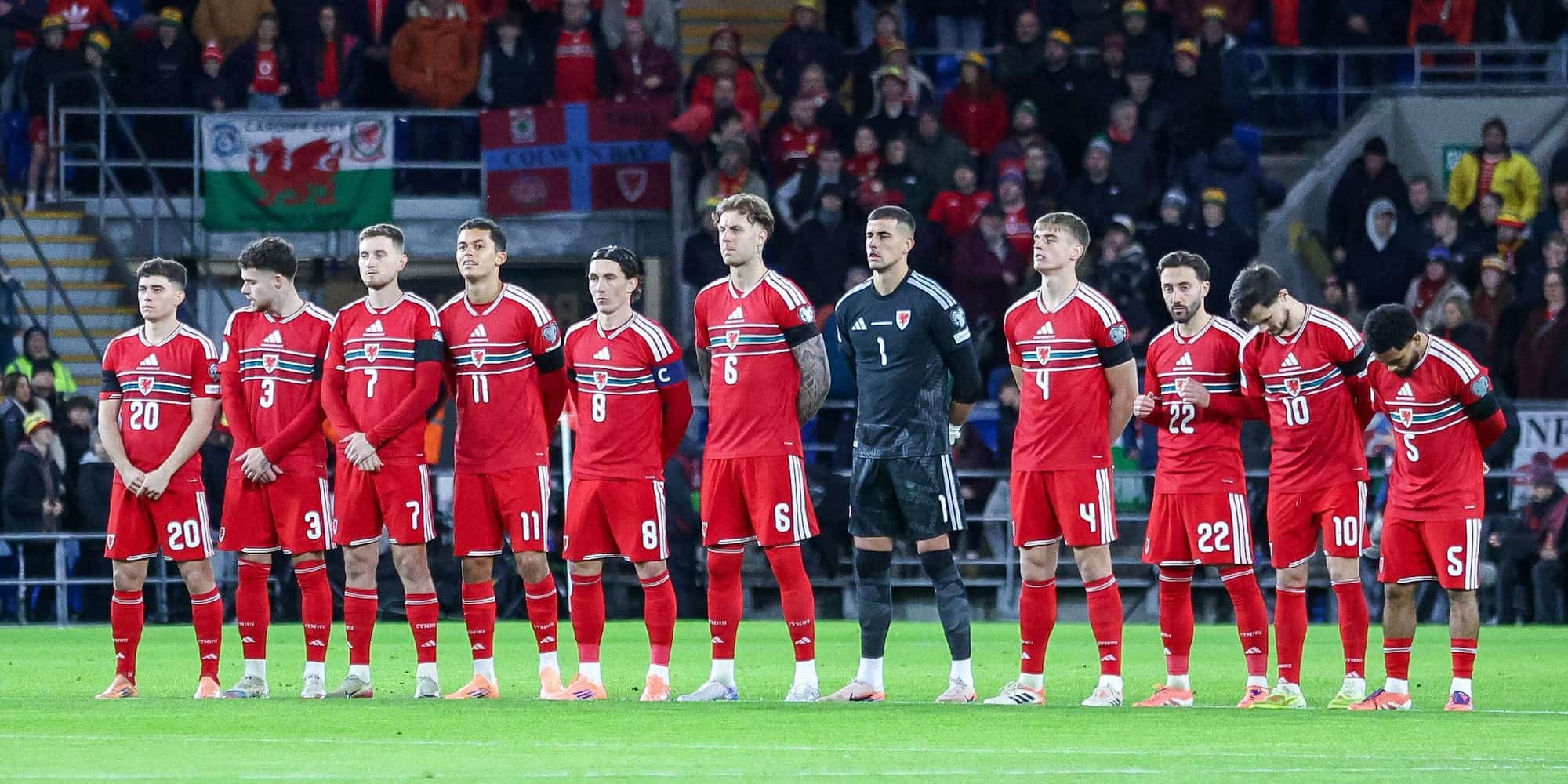 Wales National football team line up ahead of the national anthems