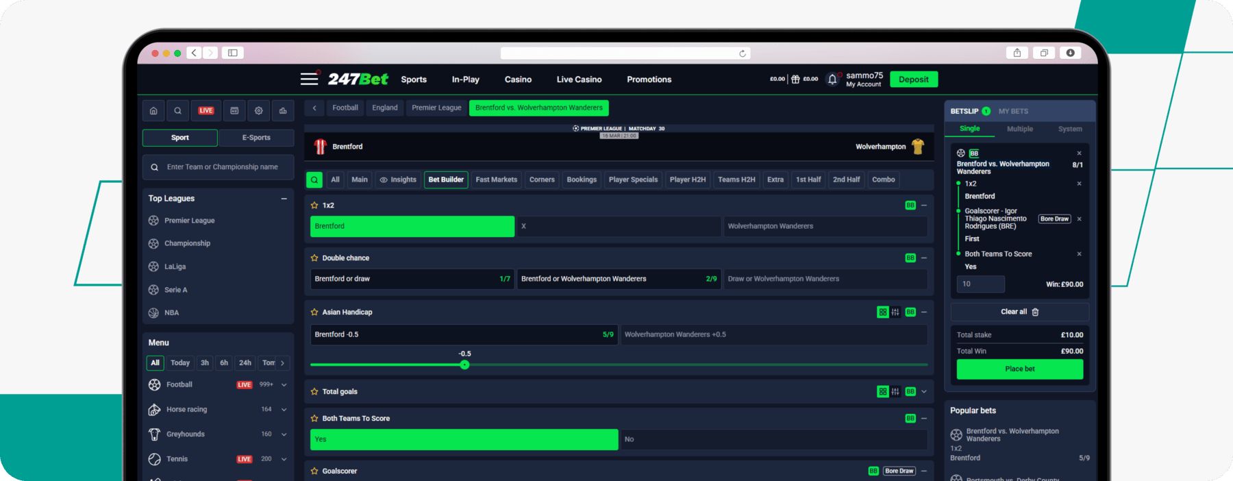screenshot of 247bet bet builder feature