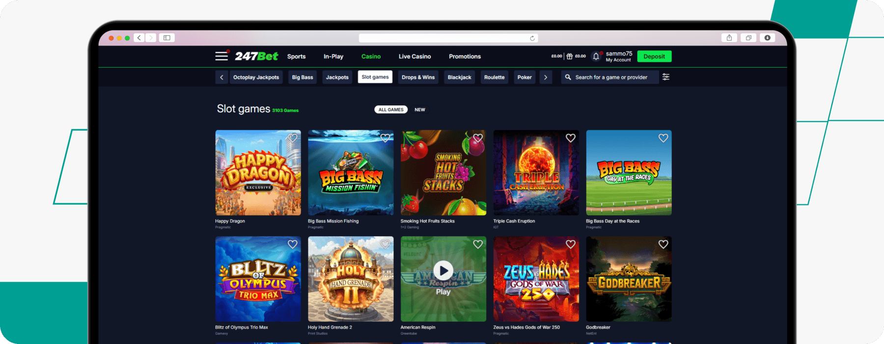 screenshot of 247bet casino homepage