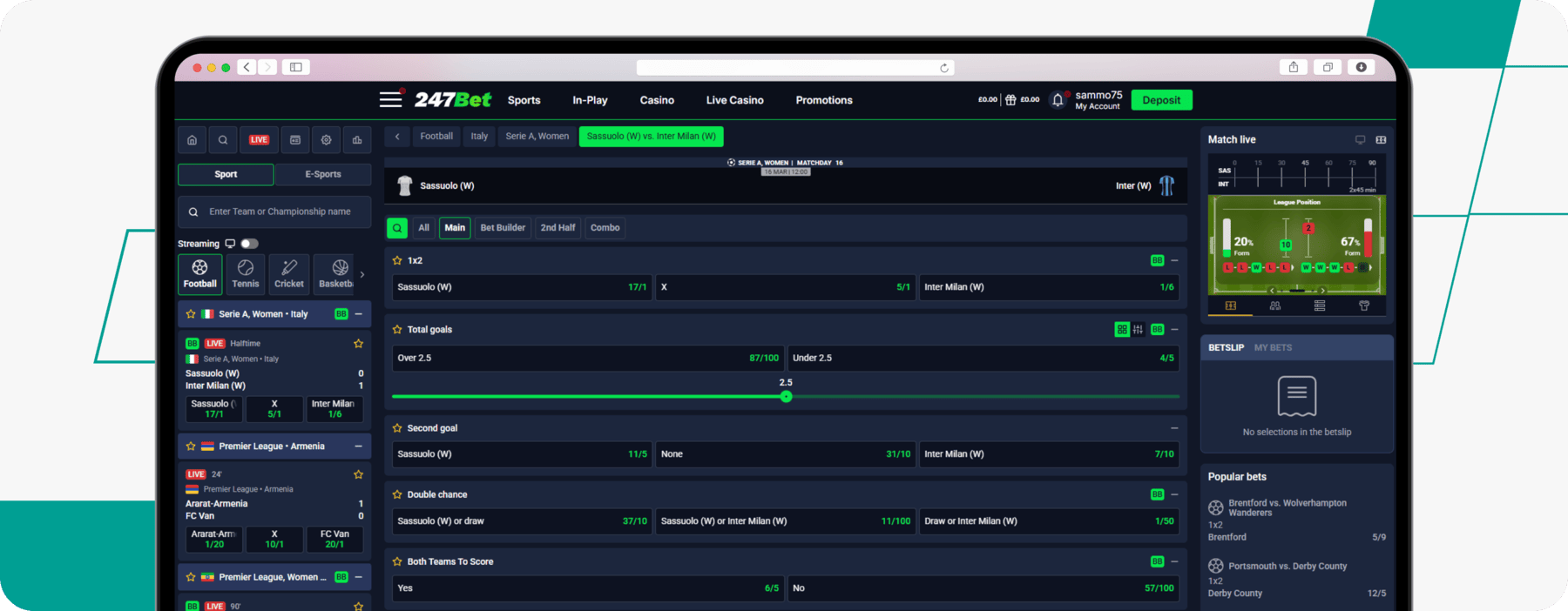 screenshot of 247bet live betting page