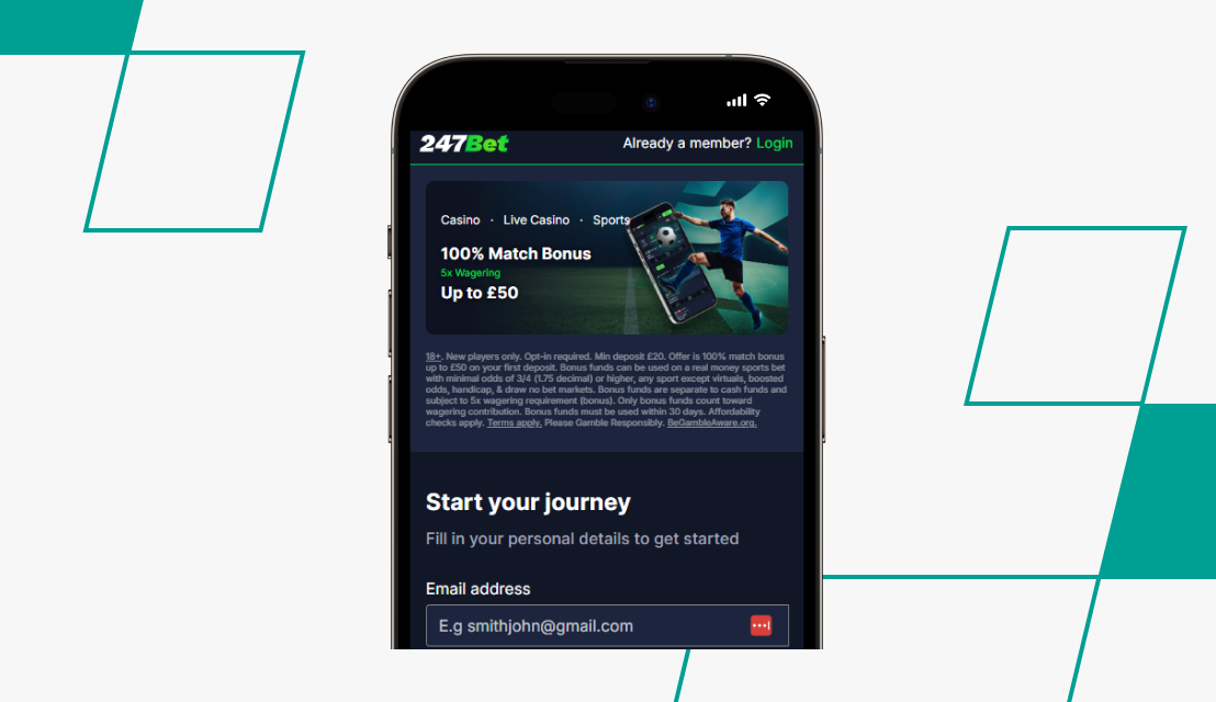 screenshot of 247bet registration process step 1