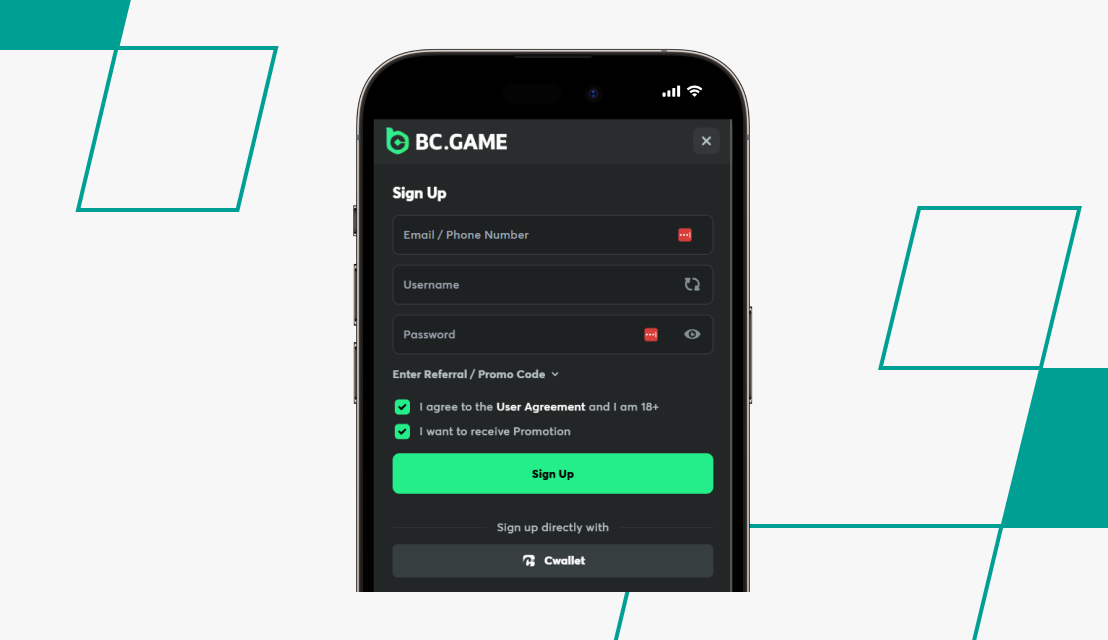 screenshot of bc.game registration step 2