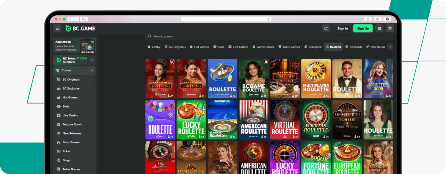 screenshot of bc.game roulette games