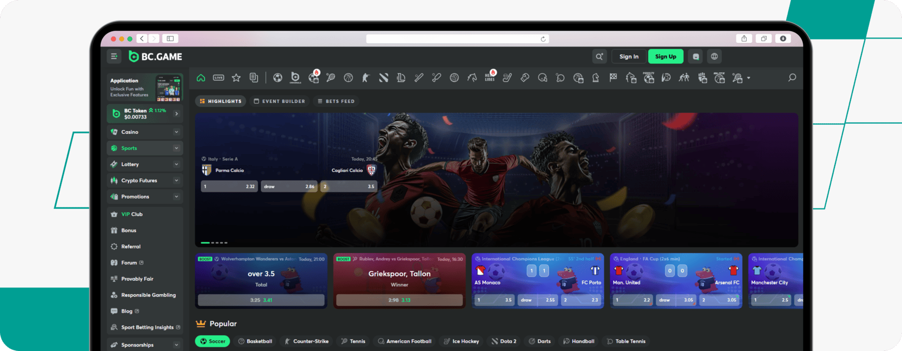 screenshot of bc.game sportsbook