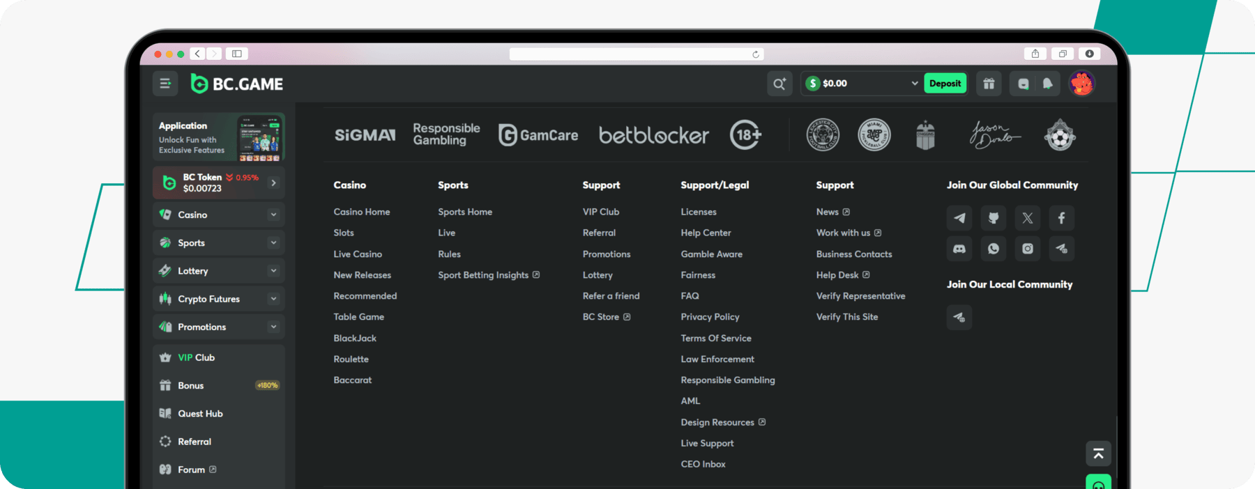 screenshot of bc.game website footer