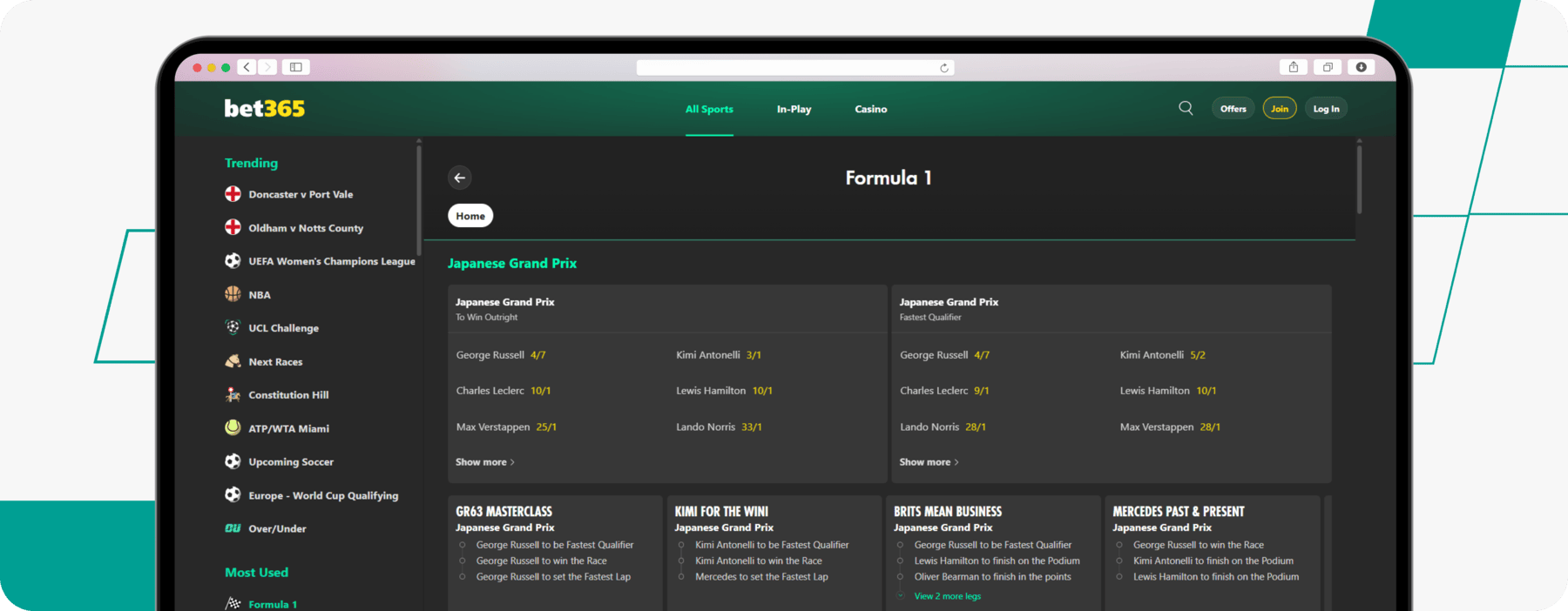 screenshot of bet365 formula 1 page