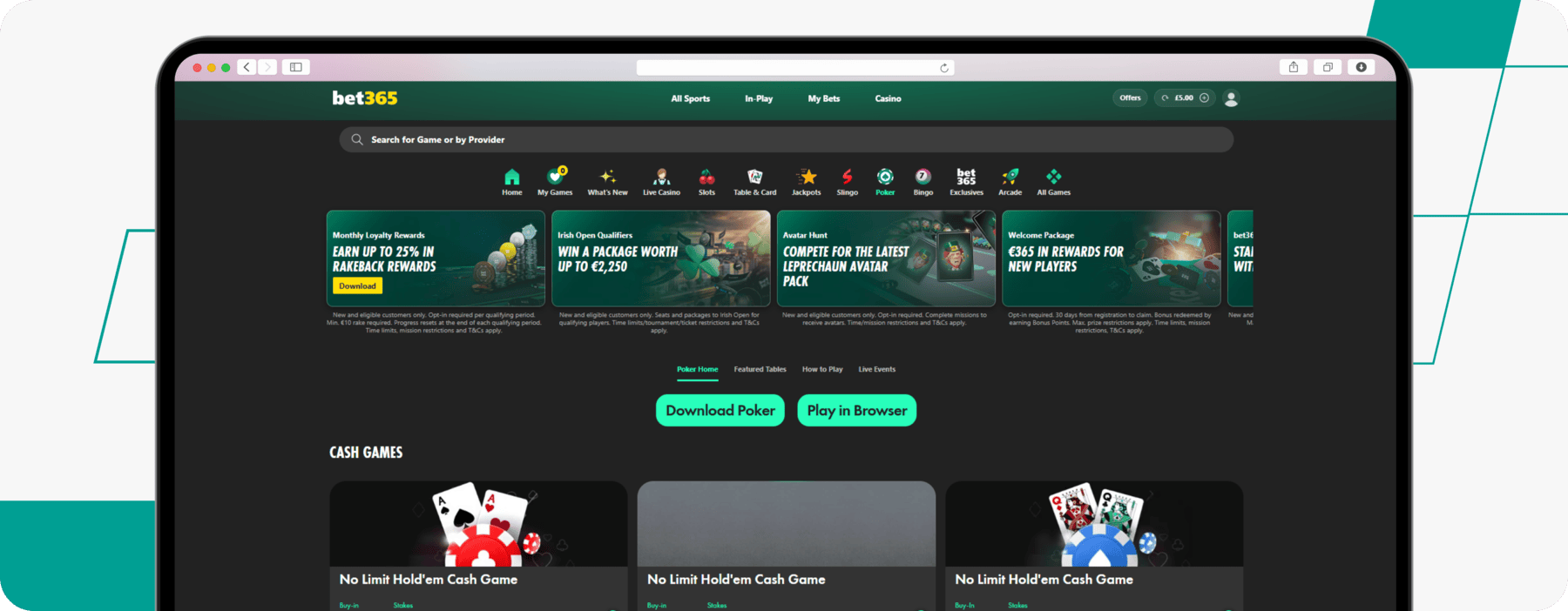 screenshot of bet365 poker page