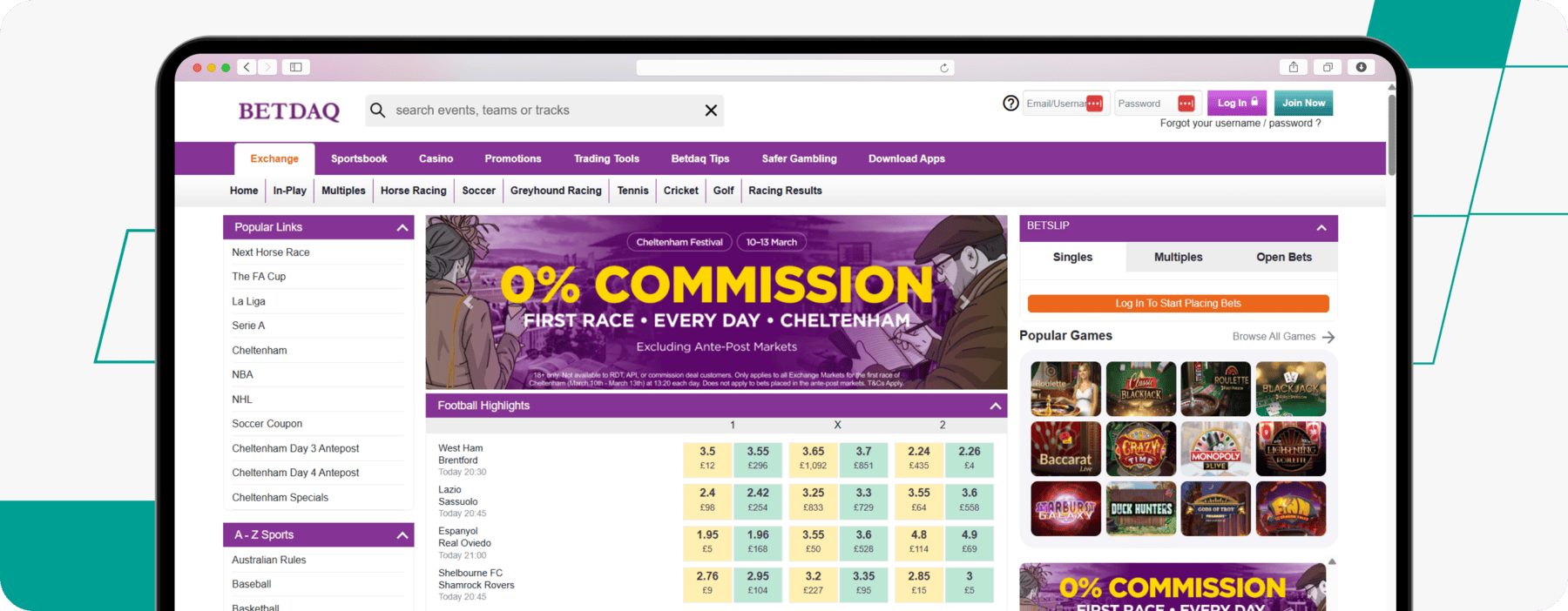 screenshot of betdaq homepage