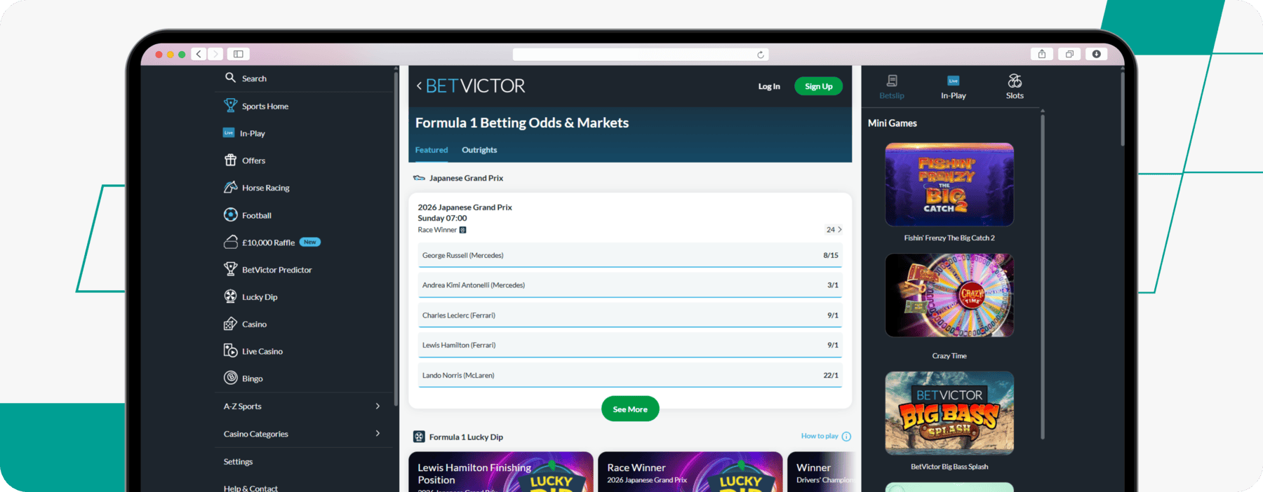 screenshot of betvictor formula 1 page