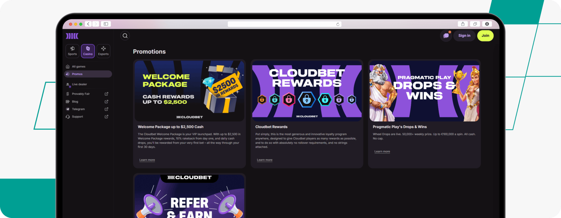 screenshot of cloudbet promotions page