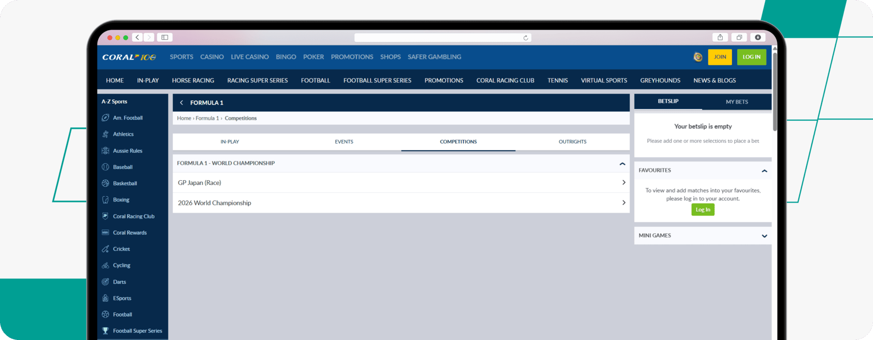 screenshot of coral formula 1 page