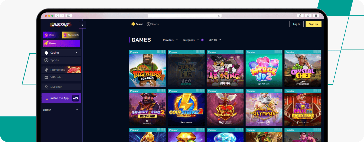 screenshot of justbit popular slots