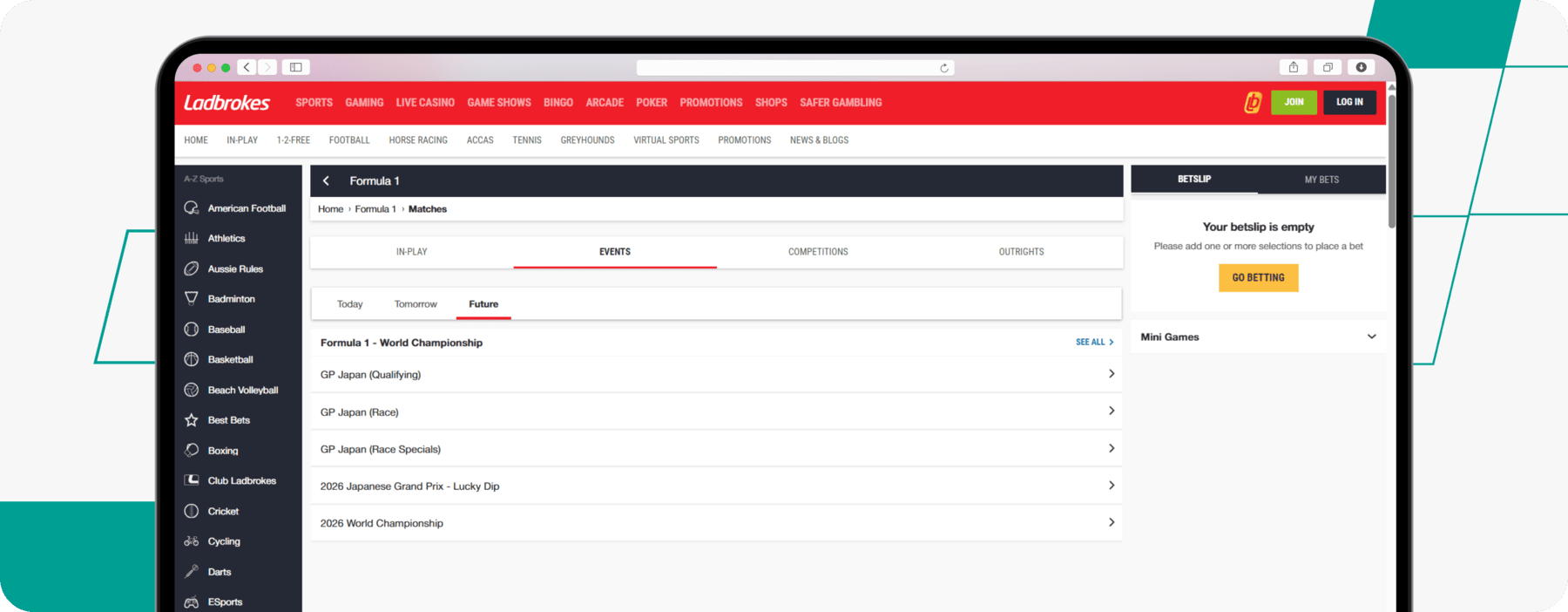 screenshot of ladbrokes formula 1 page